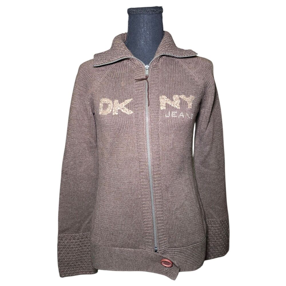 DKNY Jeans Women’s Small Full Zip Sweater Brown Y2K Logo Graphic Button Accent